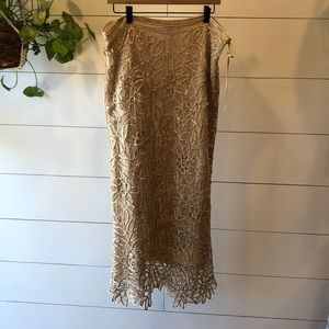 SILKEN POETRY Gold/champagne LINED Crochet Lace Overlay BEADED MAXI SKIRT Sz XL